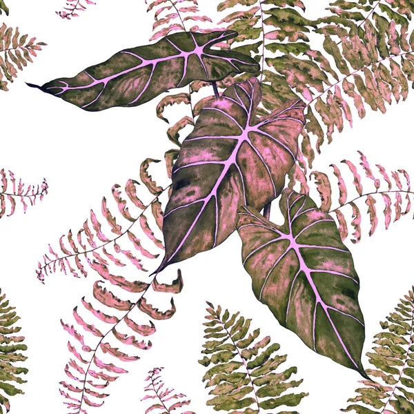 Hawaiian Floral Seamless Patern Watercolor Tropical Leaves Maranta Fern Exotic — Stockfoto