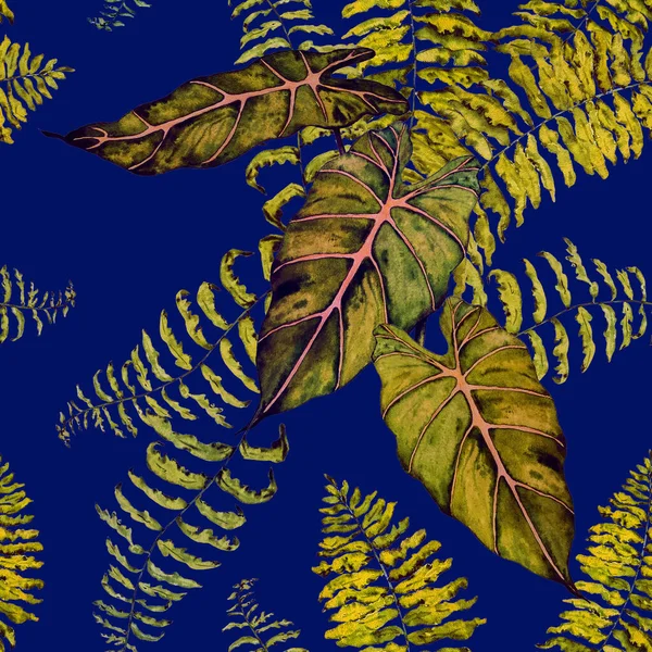 Hawaiian Floral Seamless Patern Watercolor Tropical Leaves Maranta Fern Exotic — ストック写真