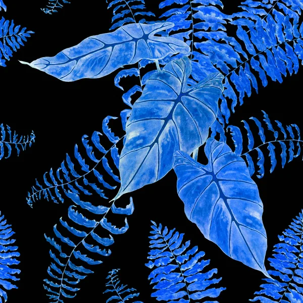 夏威夷植物无缝的家长式花 水彩斑斓的热带叶呈黑色 马兰塔费恩异国情调的春夏自然背景 任何一种设计的色彩丰富的纹理 — 图库照片