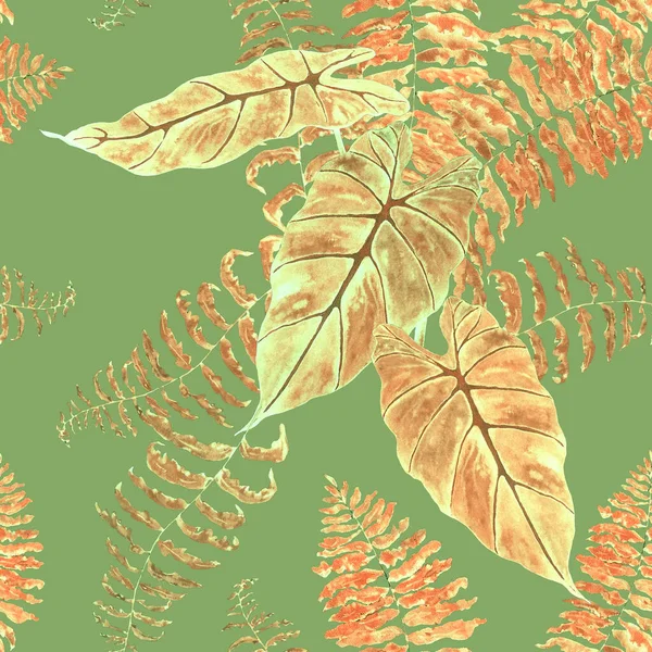 Hawaiian floral seamless patern with watercolor tropical leaves. Maranta. Fern. Exotic  spring or summer nature background. Colorful texture for any kind of a design.