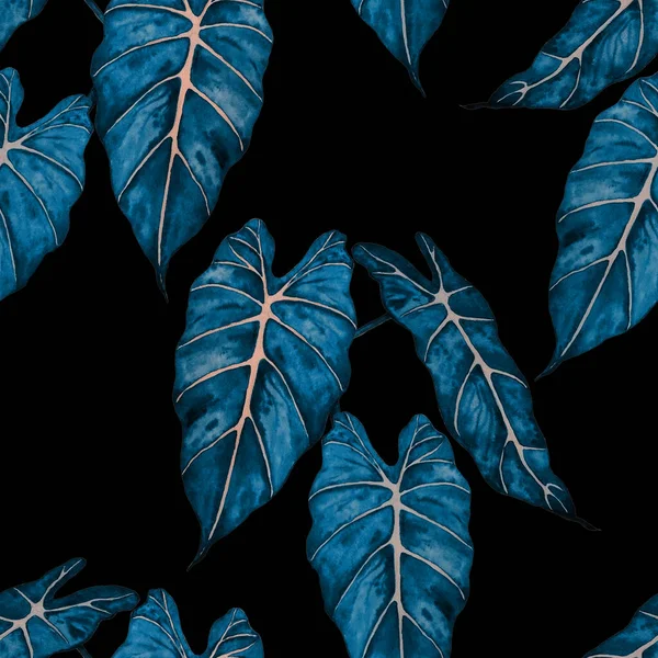 Гавайські Квіткові Безшовні Патерни Акварельними Тропічними Листками Чорному Маранта Ферн — стокове фото