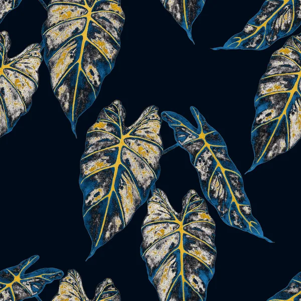 夏威夷植物无缝家长与水彩斑斓的热带叶子 马兰塔费恩异国情调的春夏自然背景 任何一种设计的金黄色纹理 — 图库照片