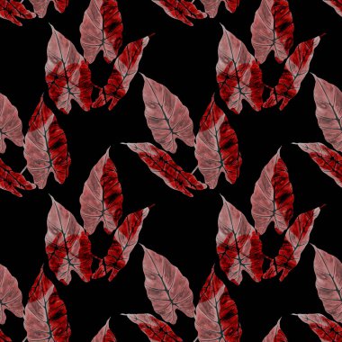 Hawaiian floral seamless patern with watercolor tropical leaves on black. Maranta. Fern. Exotic  spring or summer nature background. Colorful texture for any kind of a design.