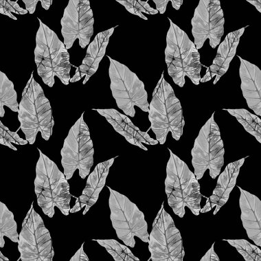 Hawaiian floral seamless patern with watercolor tropical leaves. Maranta. Fern. Exotic  spring or summer nature background. Black White texture for any kind of a design.