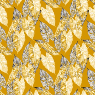Hawaiian floral seamless patern with watercolor tropical leaves. Maranta. Fern. Exotic  spring or summer nature background. Goldenl texture for any kind of a design.