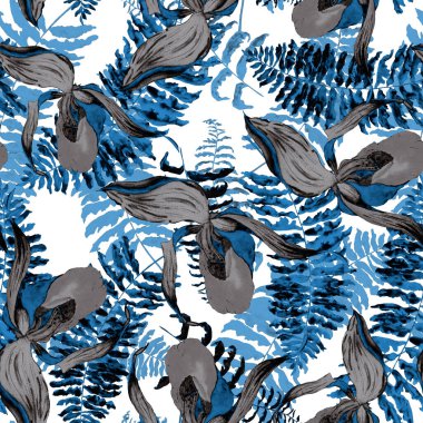 Çiçeksiz suluboya, tropik orkide çiçekleri ve eğrelti otlarıyla. Egzotik çiçek deseni. Renkli bahar ya da yaz doğa arka planı.