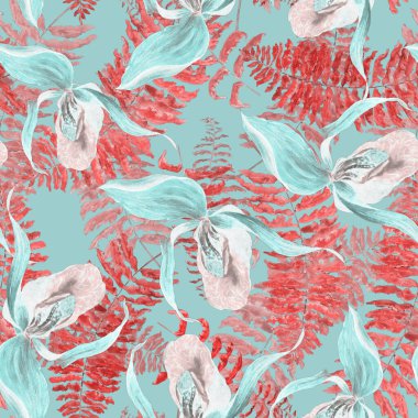 Çiçeksiz suluboya, tropik orkide çiçekleri ve eğrelti otlarıyla. Egzotik çiçek deseni. Renkli bahar ya da yaz doğa arka planı.