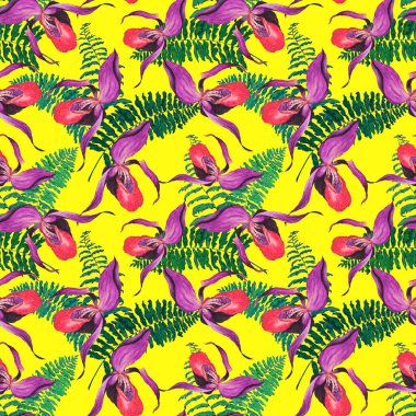 Çiçeksiz suluboya, tropik orkide çiçekleri ve eğrelti otlarıyla. Egzotik çiçek deseni. Renkli bahar ya da yaz doğa arka planı.