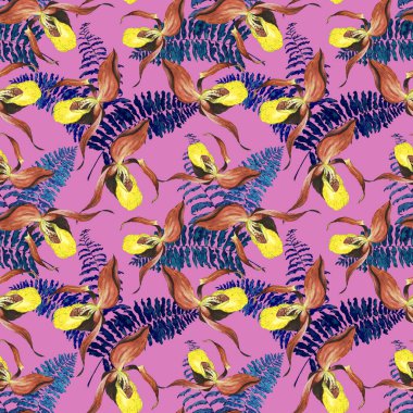 Çiçeksiz suluboya, tropik orkide çiçekleri ve eğrelti otlarıyla. Egzotik çiçek deseni. Renkli bahar ya da yaz doğa arka planı.