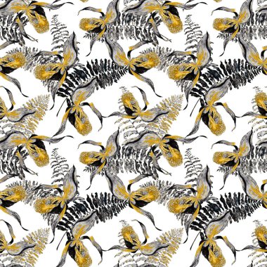 Çiçeksiz suluboya, tropik orkide çiçekleri ve eğrelti otlarıyla. Altın çiçek izi. Egzotik bahar ya da yaz doğa geçmişi.