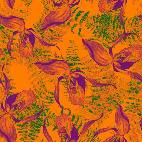 Akwarela Kwiatowy Bezszwowy Patern Tropikalnych Kwiatów Storczyków Paproci Egzotyczny Kwiatowy — Zdjęcie stockowe