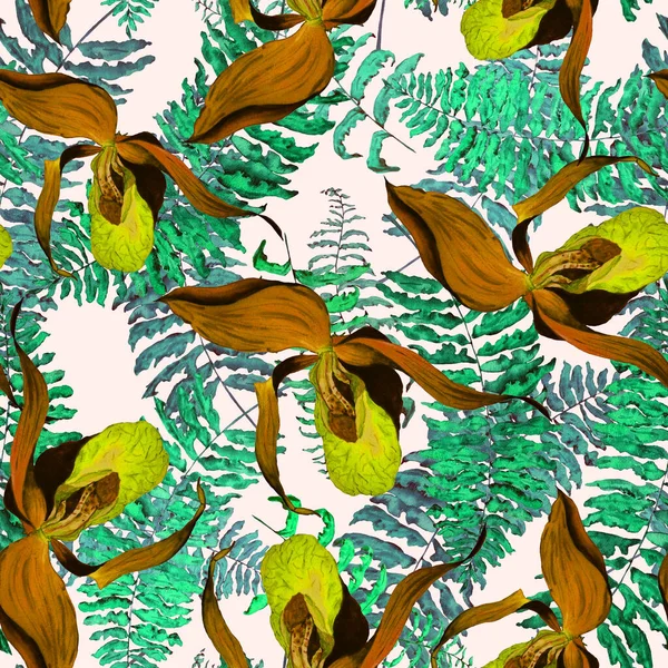 Акварель Квітковий Безшовний Батьківський Тропічними Квітами Орхідей Папоротями Екзотичний Квітковий — стокове фото