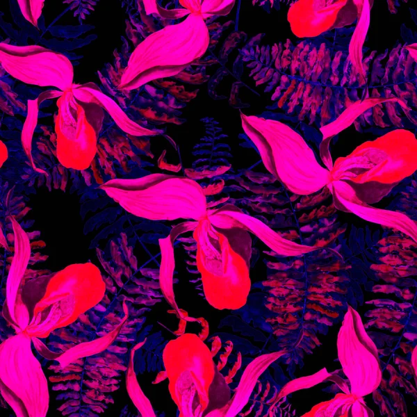 Patrón Sin Costura Floral Acuarela Con Flores Orquídea Tropical Helechos —  Fotos de Stock