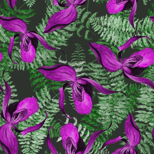 Акварель Квітковий Безшовний Батьківський Тропічними Квітами Орхідей Папоротями Екзотичний Квітковий — стокове фото