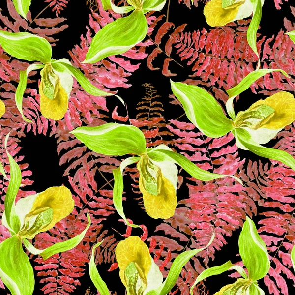 Acquerello Floreale Paterna Senza Soluzione Continuità Con Fiori Orchidea Tropicale — Foto Stock