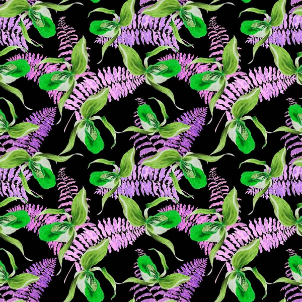 Акварельні Квіткові Безшовні Батьки Тропічними Квітами Орхідей Папоротями Чорному Квітковий — стокове фото