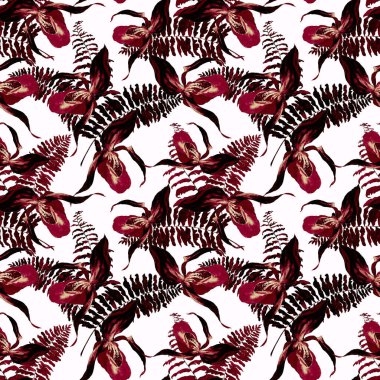 Çiçeksiz suluboya çiçek ve tropik orkide çiçekleri. Tek renkli çiçek desenli. Egzotik bahar ya da yaz doğa geçmişi.