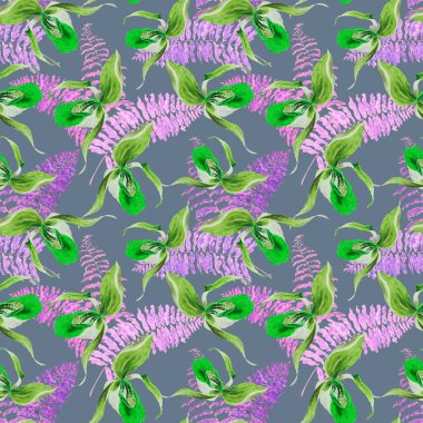 Çiçeksiz suluboya, tropik orkide çiçekleri ve eğrelti otlarıyla. Egzotik çiçek deseni. Renkli bahar ya da yaz doğa arka planı.