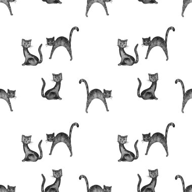 Süslü suluboya desenli komik kedi yavruları. Hayvan izi. Herhangi bir tasarım için tek renkli doku. 