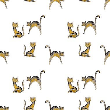 Süslü suluboya desenli komik kedi yavruları. Hayvan izi. Her türlü tasarım için altın doku. 