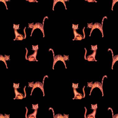 Süslü suluboya desenli, siyah üzerine komik kedicikler. Hayvan izi. Herhangi bir tasarım için renkli doku. 