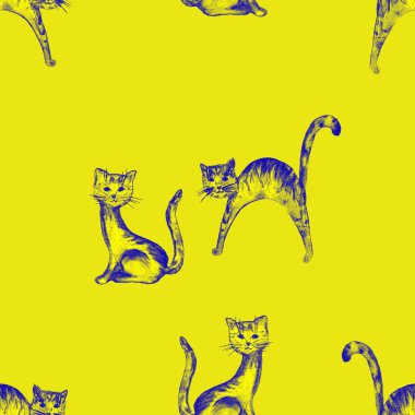 Süslü suluboya desenli komik kedi yavruları. Hayvan izi. Herhangi bir tasarım için renkli doku. 