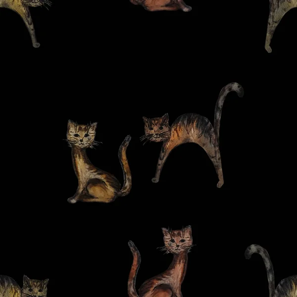 Декоративний Акварельний Безшовний Візерунок Смішними Кошенятами Чорному Тваринний Принт Барвиста — стокове фото