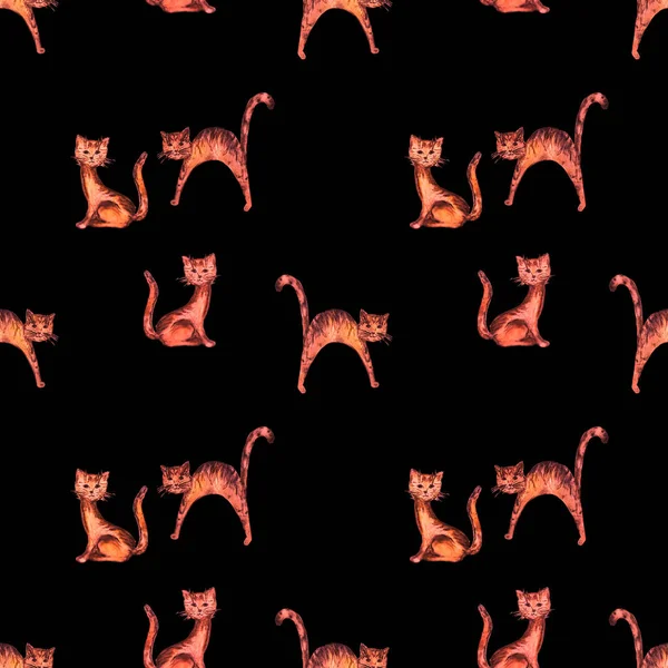 Декоративный Акварельный Бесшовный Узор Забавными Котятами Черном Отпечатки Животных Красочная — стоковое фото