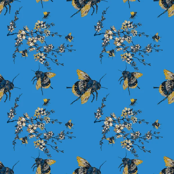 Akvarel Hladký Vzor Bzučícím Hmyzem Květinách Dekorativní Letní Tisk Ručně — Stock fotografie