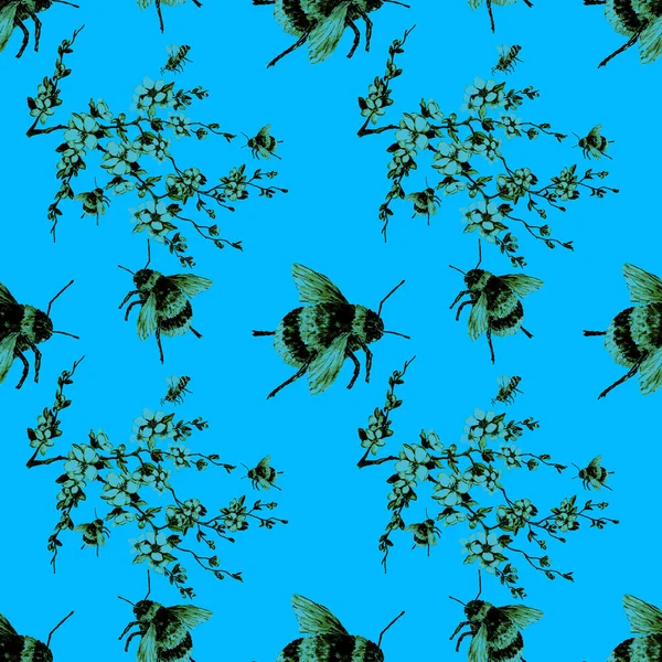 Aquarell Nahtloses Muster Mit Summenden Insekten Auf Blüten Dekorativer Sommerdruck — Stockfoto