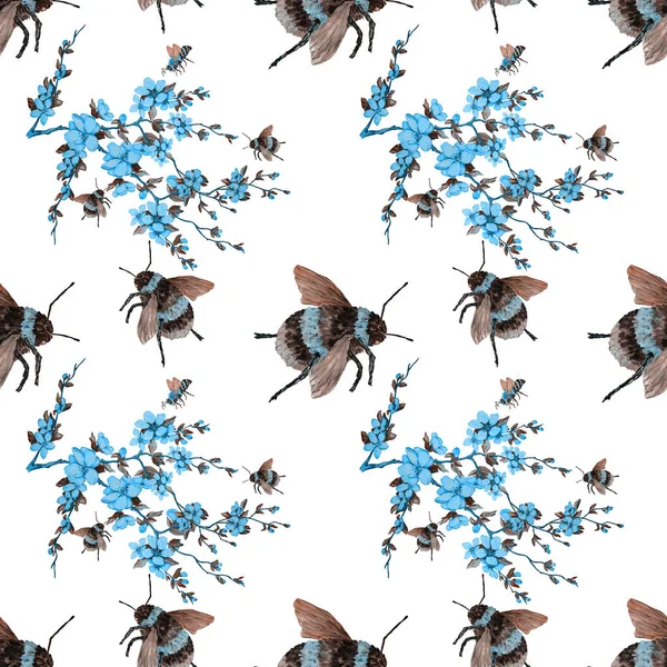 Aquarelle Motif Sans Couture Avec Des Insectes Bourdonnements Sur Les — Photo