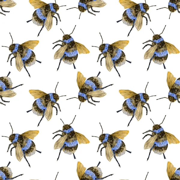 Watercolor seamless pattern with colorful hand drawn bumblebees. Colorful animal print for any design.