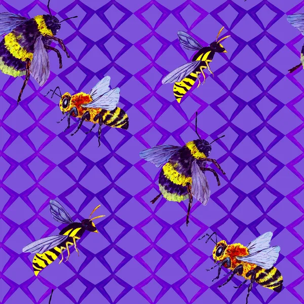 Watercolor Seamless Pattern Colorful Hand Drawn Bumblebees Colorful Animal Print — Stock Photo, Image