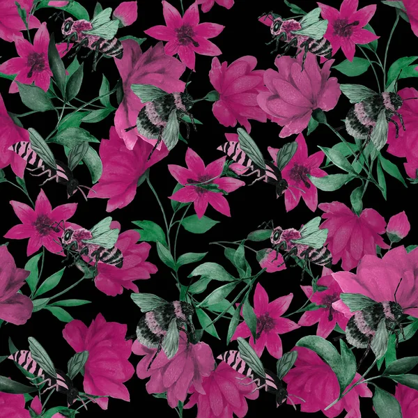 Patrón Sin Costura Acuarela Con Insectos Zumbadores Las Flores Estampado —  Fotos de Stock