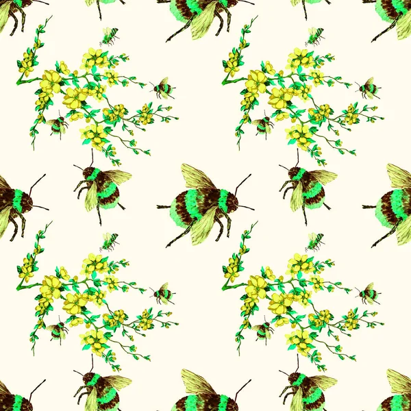 Akvarel Hladký Vzor Bzučícím Hmyzem Květinách Dekorativní Letní Tisk Ručně — Stock fotografie