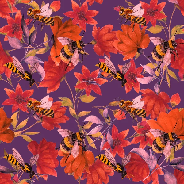 Akvarell Sömlöst Mönster Med Surrande Insekter Blommor Dekorativa Sommartryck Handritade — Stockfoto