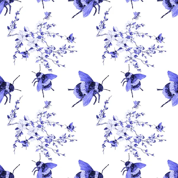 花の上に賑やかな昆虫と水彩シームレスパターン 装飾的な夏の印刷 手描き動物イラスト — ストック写真