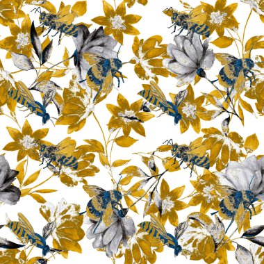 Çiçeklerde vızıldayan böceklerle sulu boya deseni. Dekoratif yaz baskısı. El çizimi hayvan çizimi.