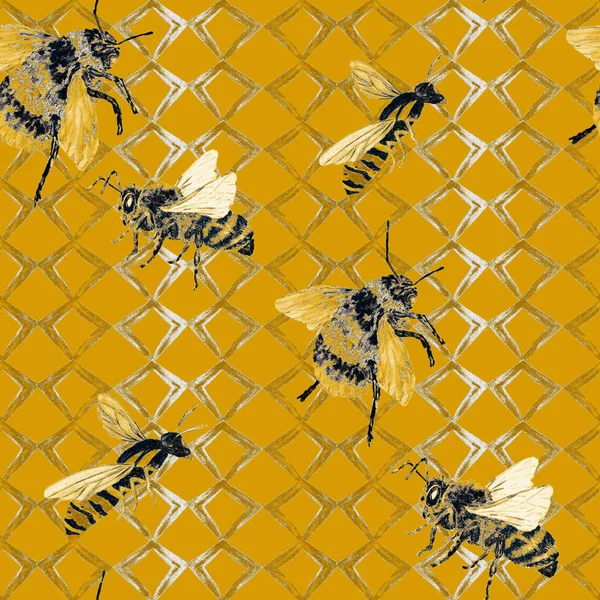Υδατογραφία Αδιάλειπτη Μοτίβο Πολύχρωμα Χέρι Που Bumblebees Πολύχρωμο Animal Print Royalty Free Φωτογραφίες Αρχείου