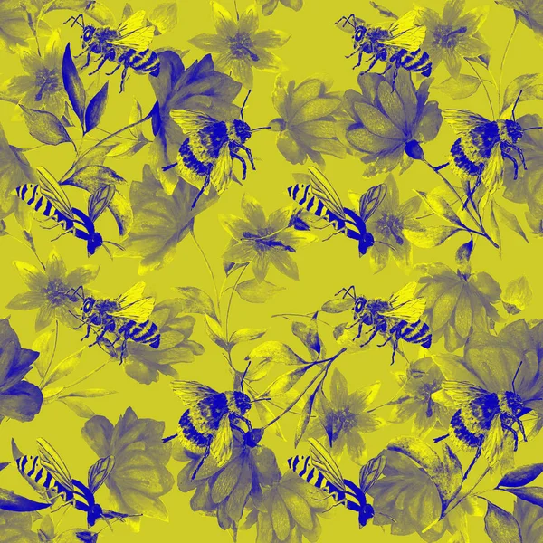 Padrão Sem Costura Aquarela Com Insetos Zumbidos Flores Impressão Decorativa — Fotografia de Stock