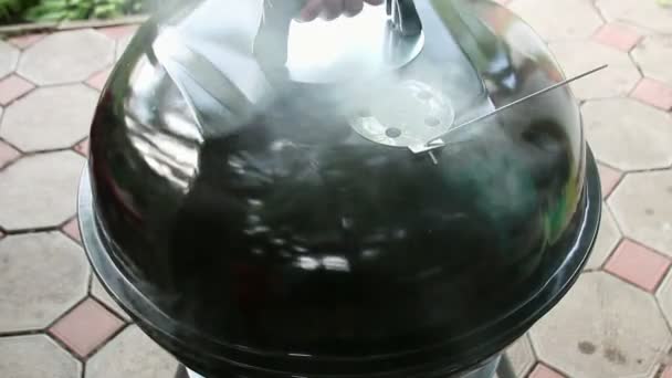 Gebakken gegrild vlees op de barbecue. — Stockvideo