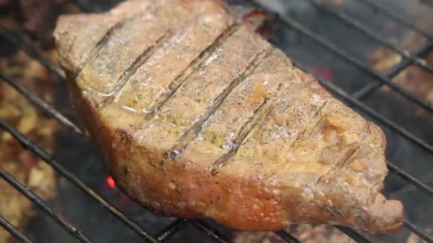 Filete ahumado en parrilla de barbacoa — Vídeos de Stock