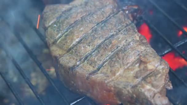 Gerookte biefstuk op barbecue grill — Stockvideo