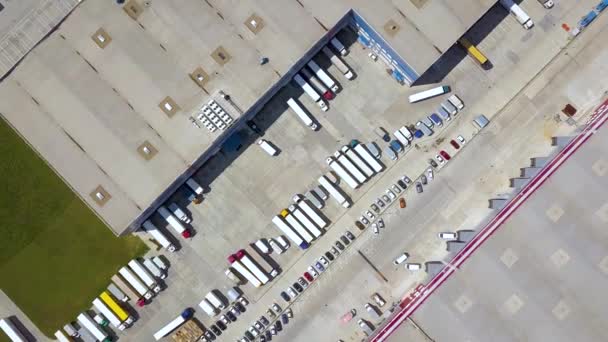 Vista aérea de cima para baixo de contentores de caminhão de carga e armazém de distribuição. — Vídeo de Stock