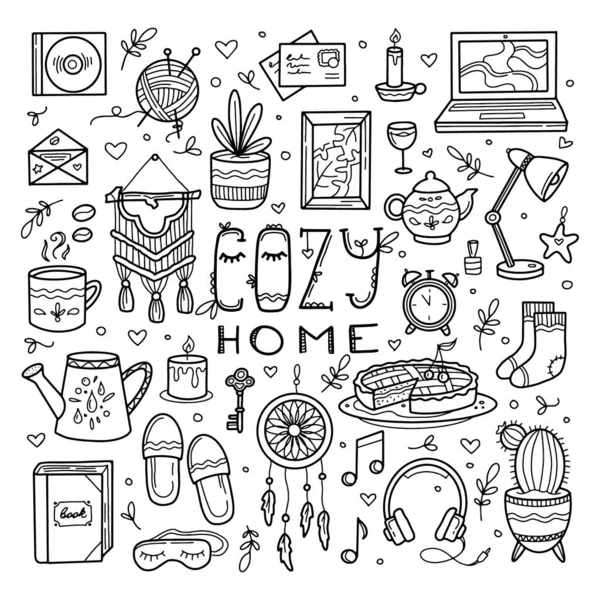 Sweet cozy home icon set, hand drawing doodle — Stock Vector