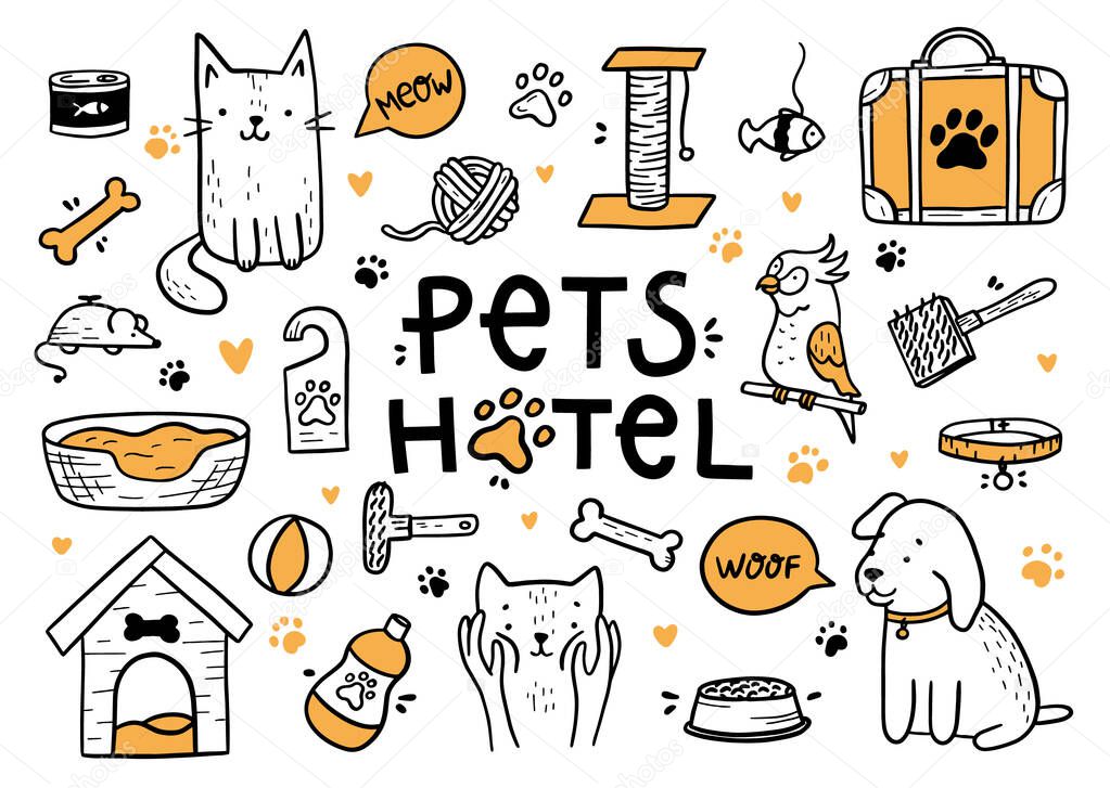 Pets hotel vector set in the Doodle style