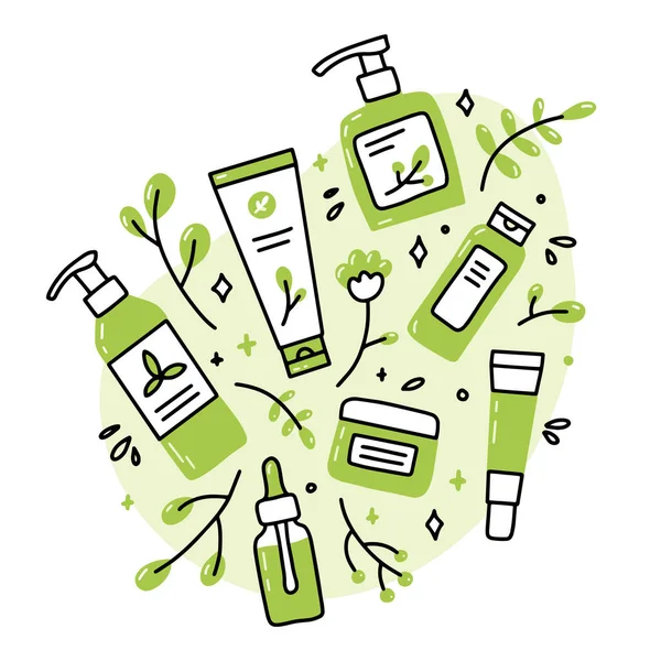 Eco natuurlijke biologische cosmetica in Doodle stijl — Stockvector