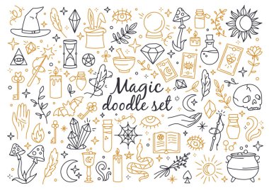 A magical and witchcraft set of doodle style icons clipart