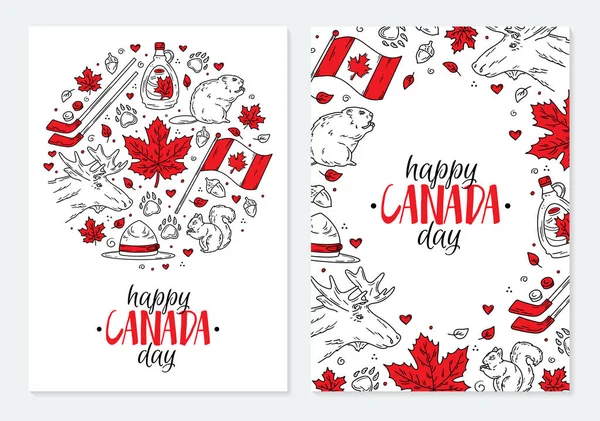 Buona festa nazionale del Canada, una serie di cartoline o manifesti con icone — Vettoriale Stock