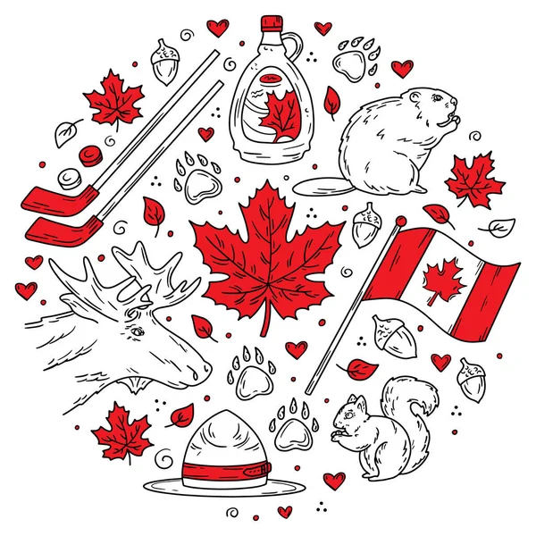 Happy National Day of Canada, un set di icone in stile Doodle — Vettoriale Stock